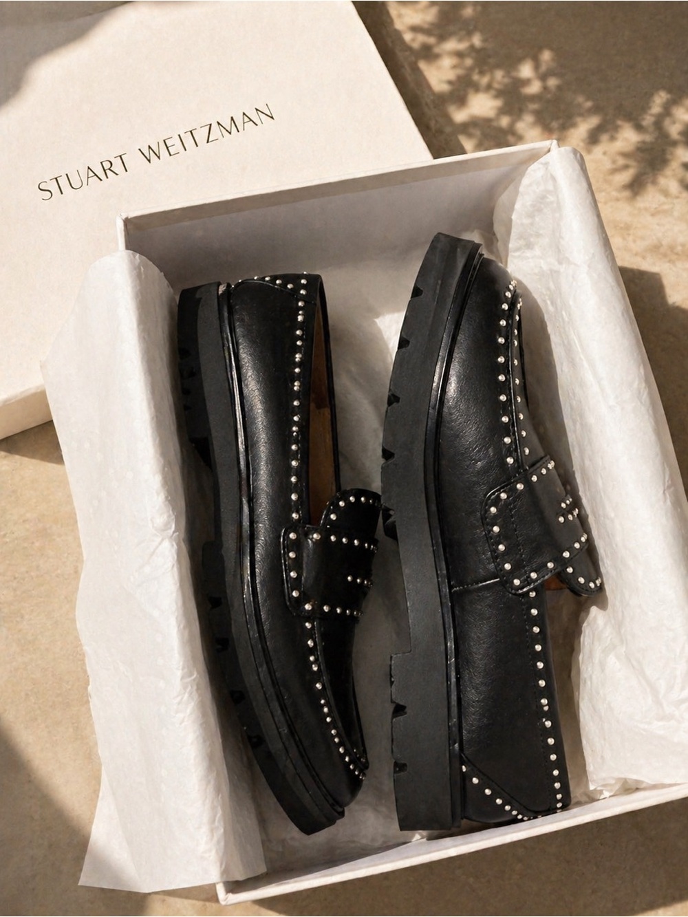 Stuart Weitzman Parker Lift Mini Pearl Loafer Black Leather Lug Sole Size 10 - Picture 6 of 12